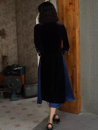 Thumbnail: blue velvet embroidery long qipao Vietnam ao dai dress