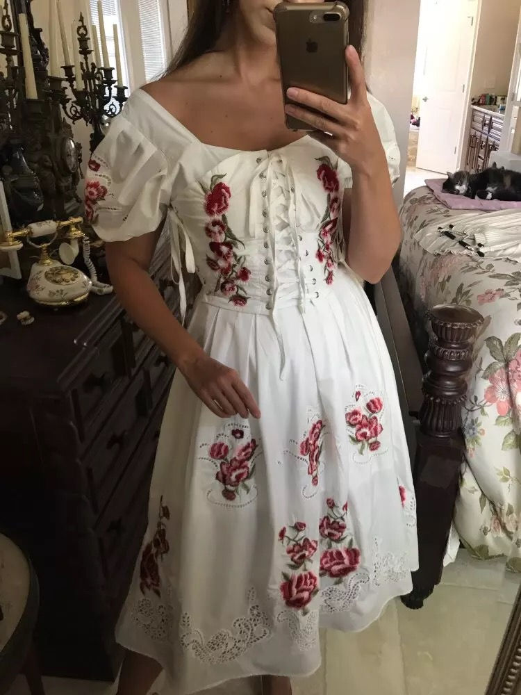 الصورة المصغرة: Embroidery Short Sleeve Vintage Retro Dress Cotton