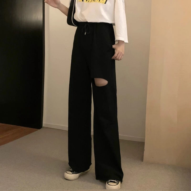 الصورة المصغرة: Casual Pants Women High-waist Long Mopping Lace-up Holes 