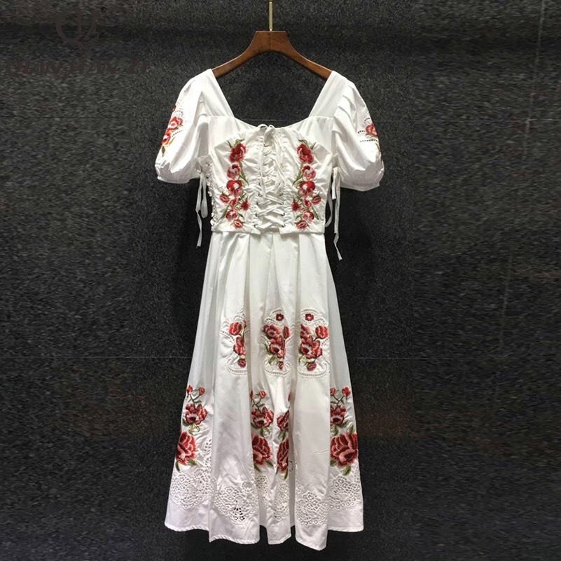 תמונה ממוזערת: Embroidery Short Sleeve Vintage Retro Dress Cotton