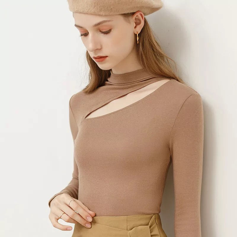 الصورة المصغرة: Long-sleeved T-shirt base autumn and winter new women's hollow fashion high neck