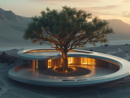 This is a concept house built around a central tree with a circular layout. The design focuses on nature integration, sustainable architecture, and modern concept residential design.
