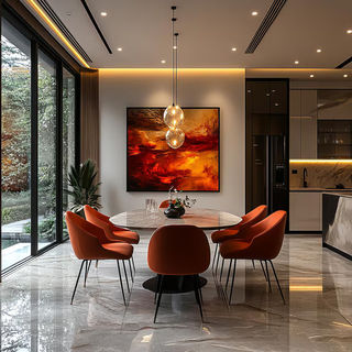 Modern luxury dining room with orange upholstered chairs, a round marble table, pendant lights, large abstract wall art, and a sleek open kitchen beside floor-to-ceiling windows.