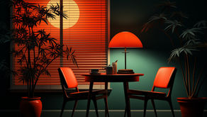 Cozy dining corner with two chairs and a round table under a red lamp, set against window blinds with a glowing sunset view and indoor plants.