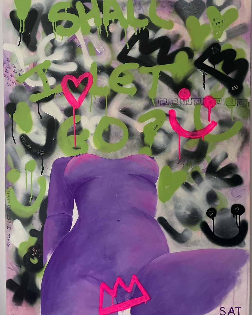 'Shall I Let Go', a painting by artist Stephanie Tripolitaki depicting the nude female form