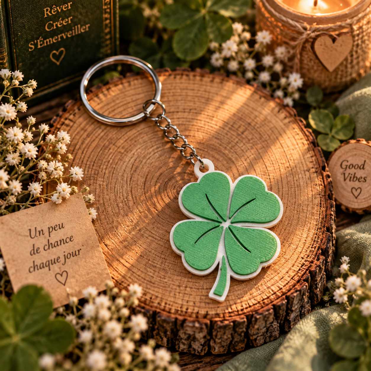 🍀 Porte-clés « Petit Bonheur » – Trèfle à 4 feuilles – Création 3D