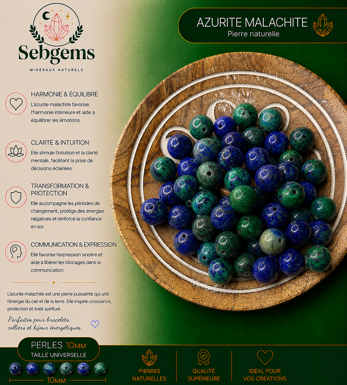 Perles - Azurite Malachite 10mm