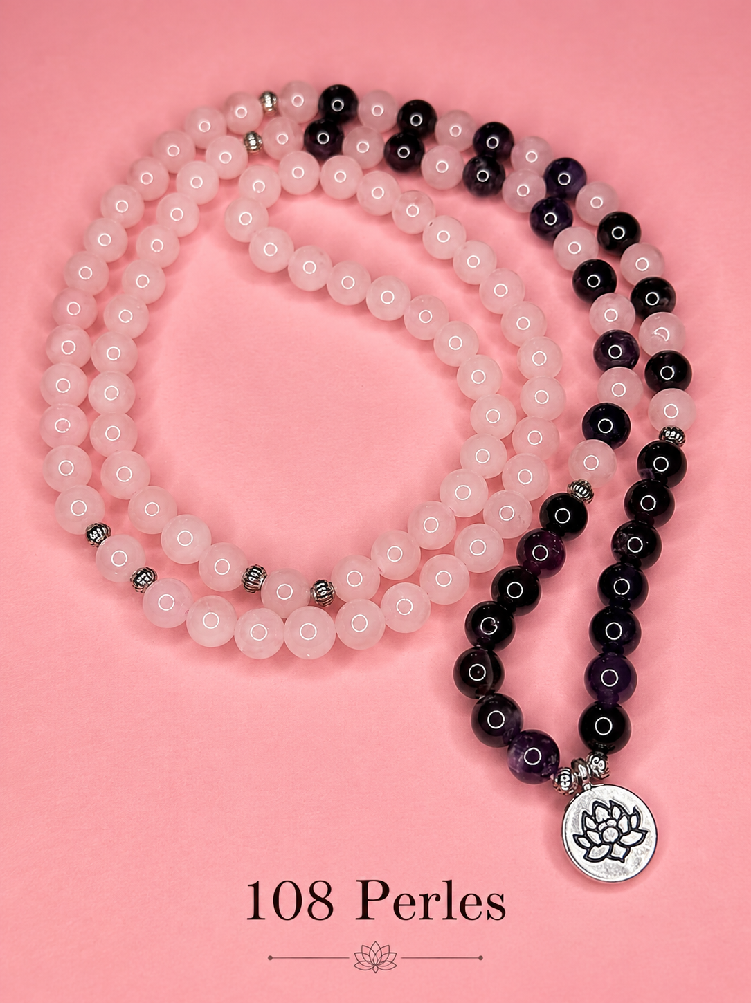 Mala - Améthyste et Quartz Rose - Elastique  - 108 perles 8mm