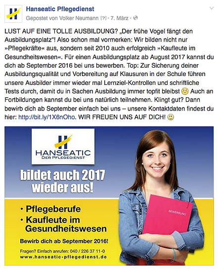 Freier Top Texter Facebook Fanpage Post HANSEATIC PFLEGEDIENST