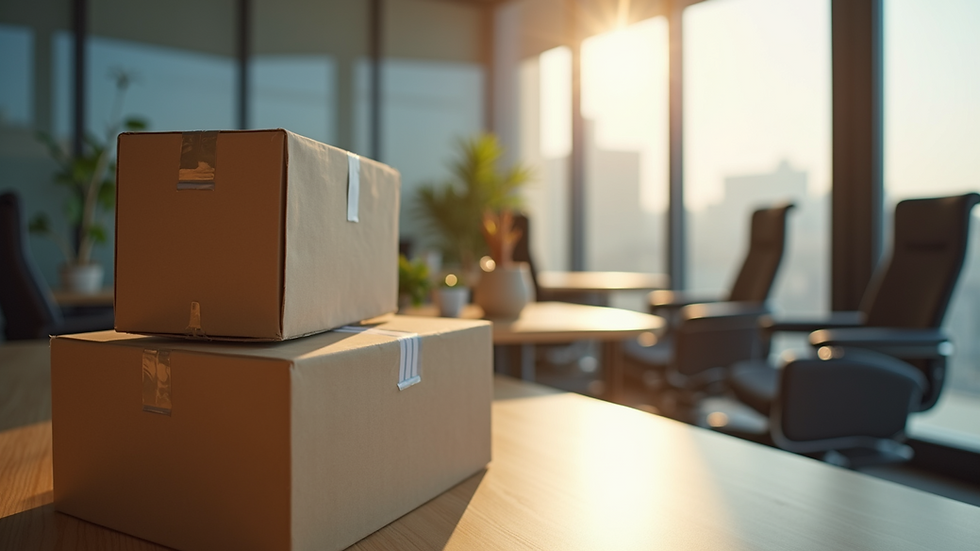 Close-up view of a business office with moving boxes