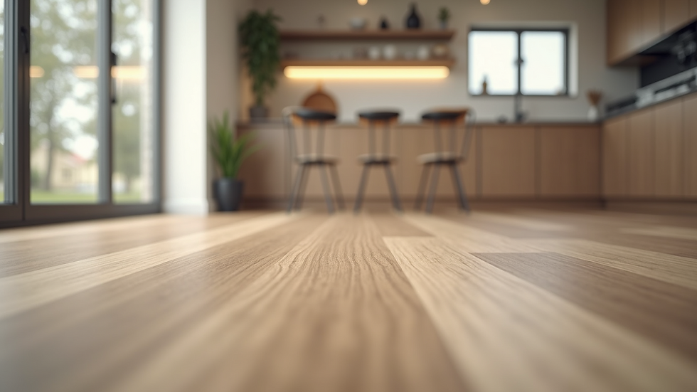 Eye-level view of modern kitchen with vinyl plank flooring