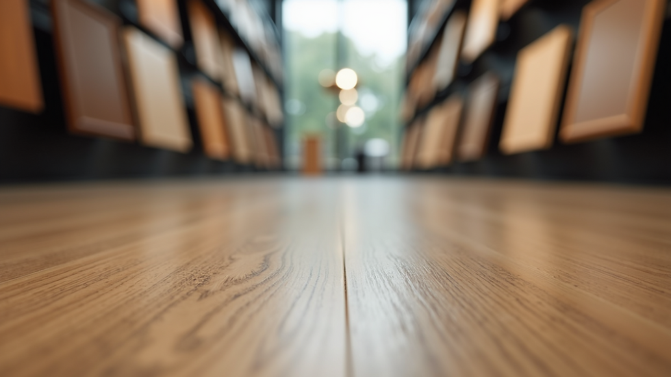 Eye-level view of flooring samples displayed in a showroom