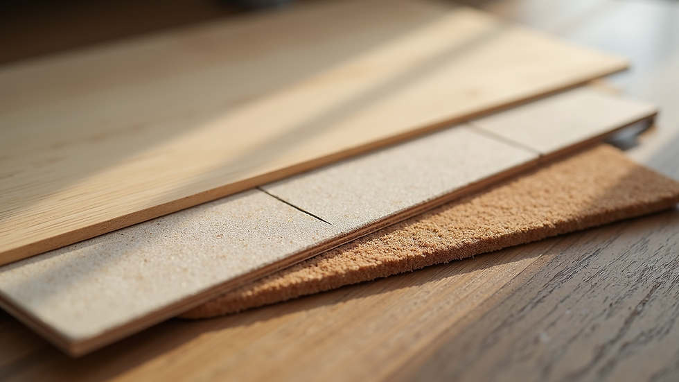 Close-up view of various flooring samples including hardwood, tile, and carpet