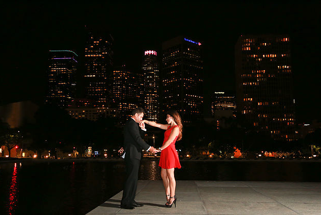 Engagement Photos What to Wear at night suit with red dress that is short