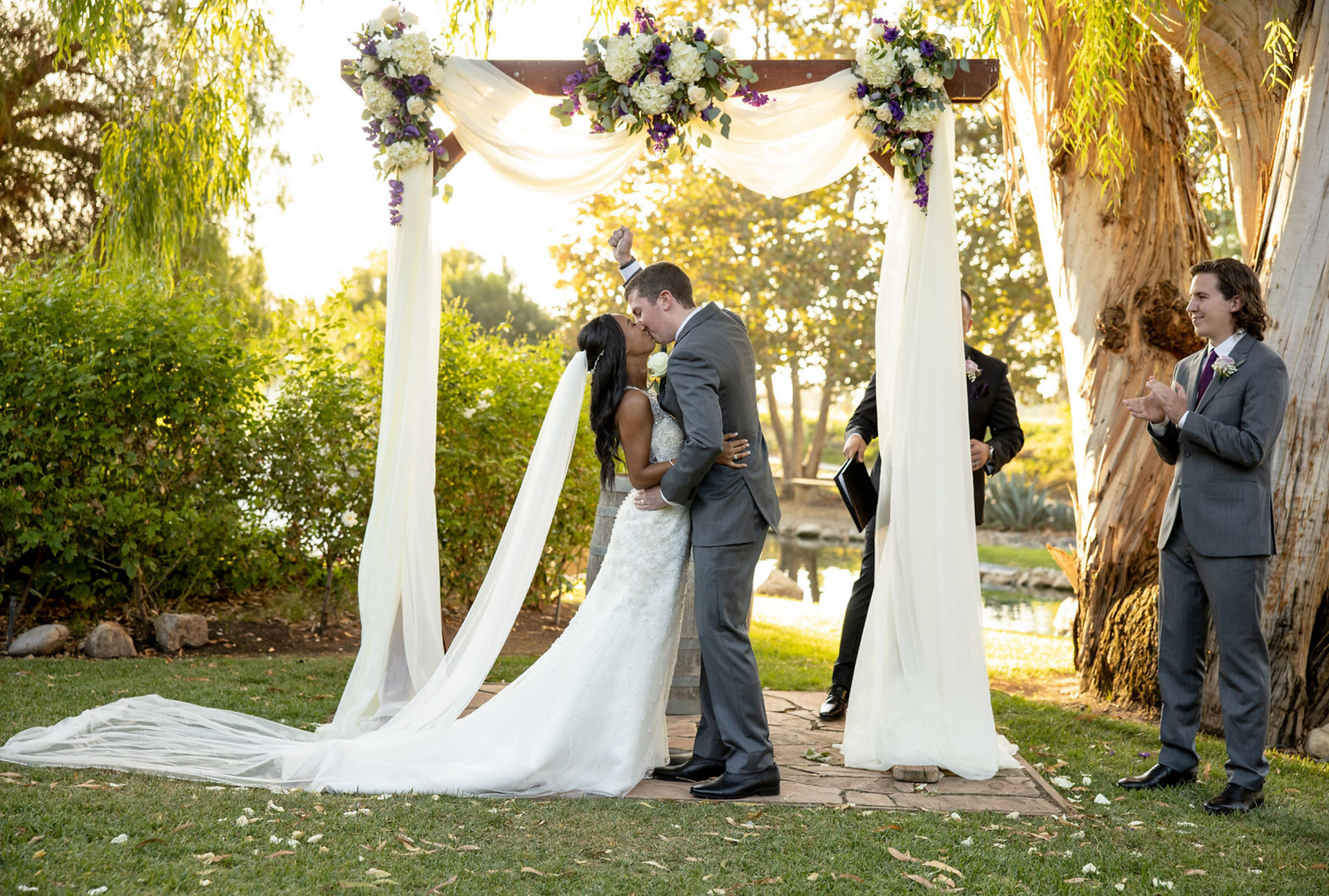 galway downs wedding venue couple kiss wedding day getting ready drapes fountain