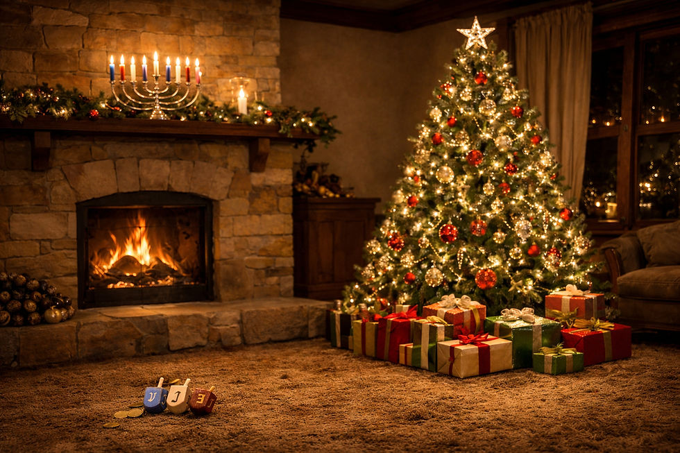 A cozy, dimly lit living room at night with a warm glowing fireplace in the background, a beautifully decorated Christmas tree in the center with twinkling lights and ornaments, surrounded by wrapped presents underneath. On a nearby table or mantle, include tasteful Hanukkah decorations — a lit menorah with candles burning, a Star of David ornament, and a few dreidels. The overall atmosphere is warm, peaceful, and inviting, with soft shadows and holiday spirit lighting up the room.
