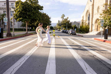 Pasadena City Hall Photographer LA Digital Photo run back to their reception at Alexandar's Steak House Pasadena