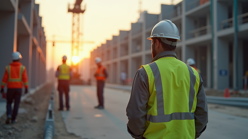Eye-level view of a construction site with workers engaged in safety training