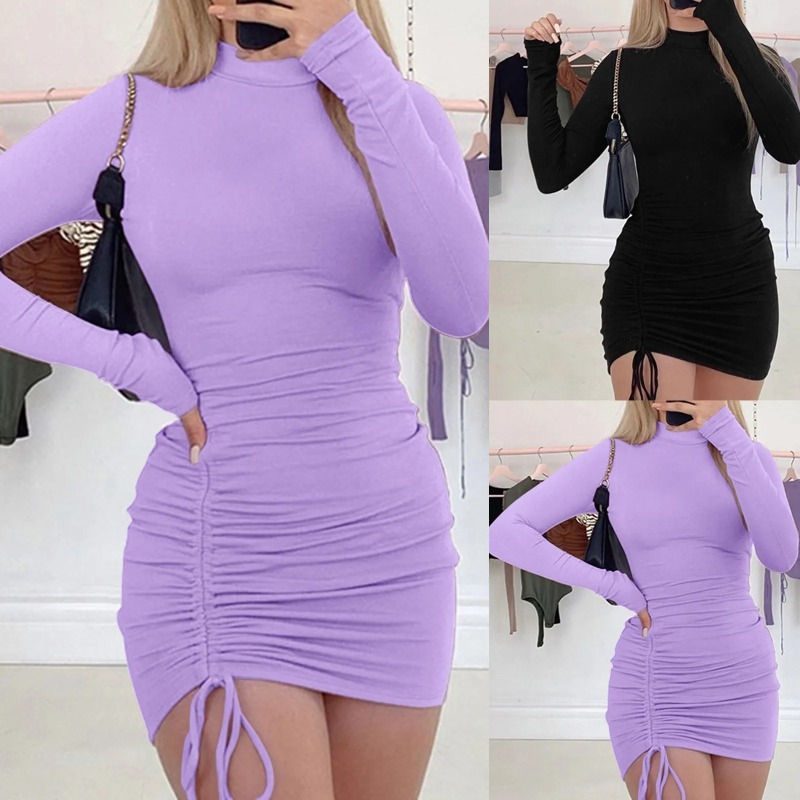 Thumbnail: Female Dresses Outfits Women'S Dress Long Sleeve Solid Color Drawstring O-Neck T