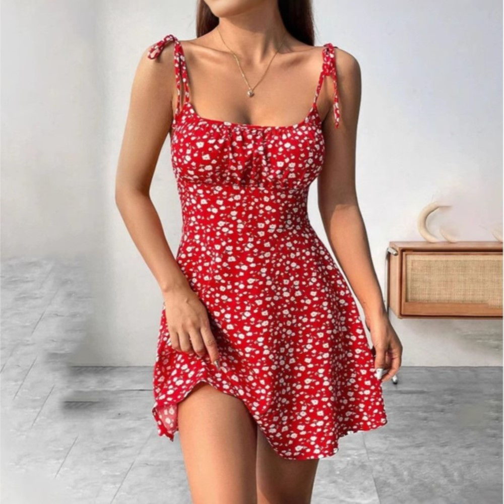 Women's Summer New Fashion Floral Print Short Dress With Adjustable Lace Edges W
