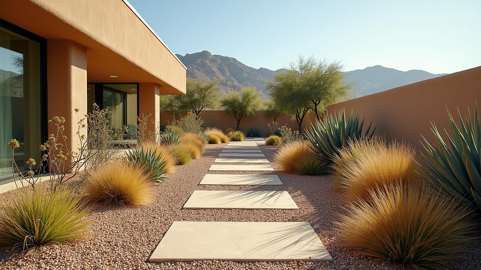Wide angle view of a zoned water-efficient landscape with drought-tolerant plants