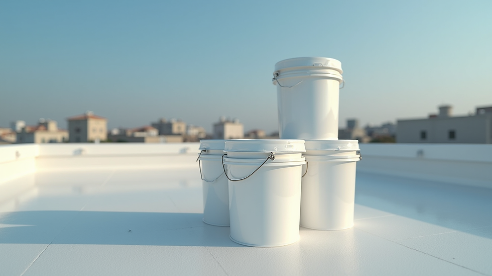 High angle view of stacked 5 gallon buckets of roof coating on a flat roof