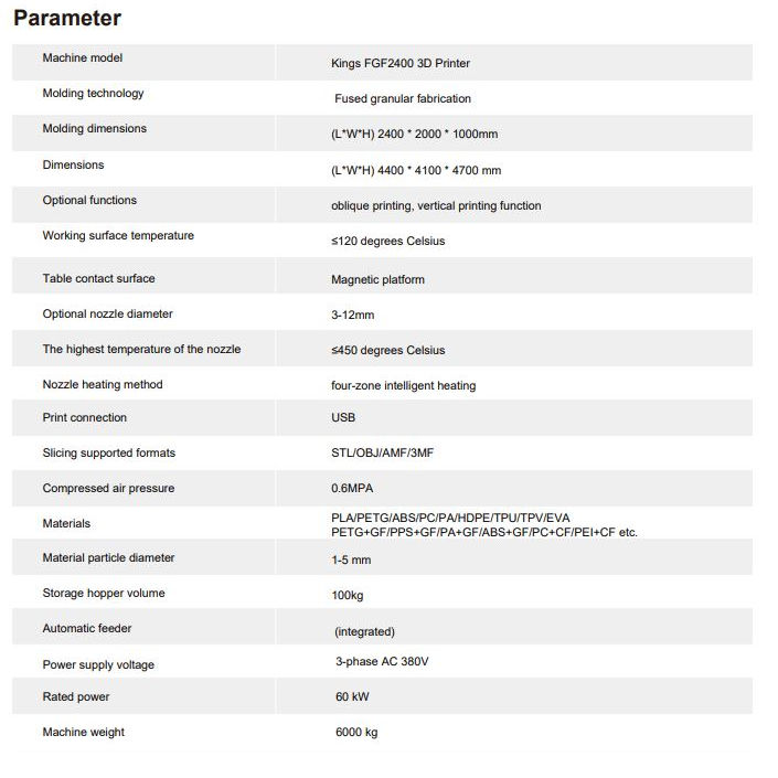 FGF2400 מדפסת תלת מימד מפרט