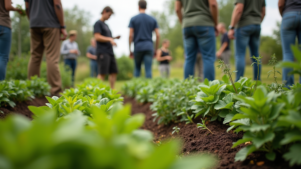 Eye-level view of a community garden with diverse plants and people working together