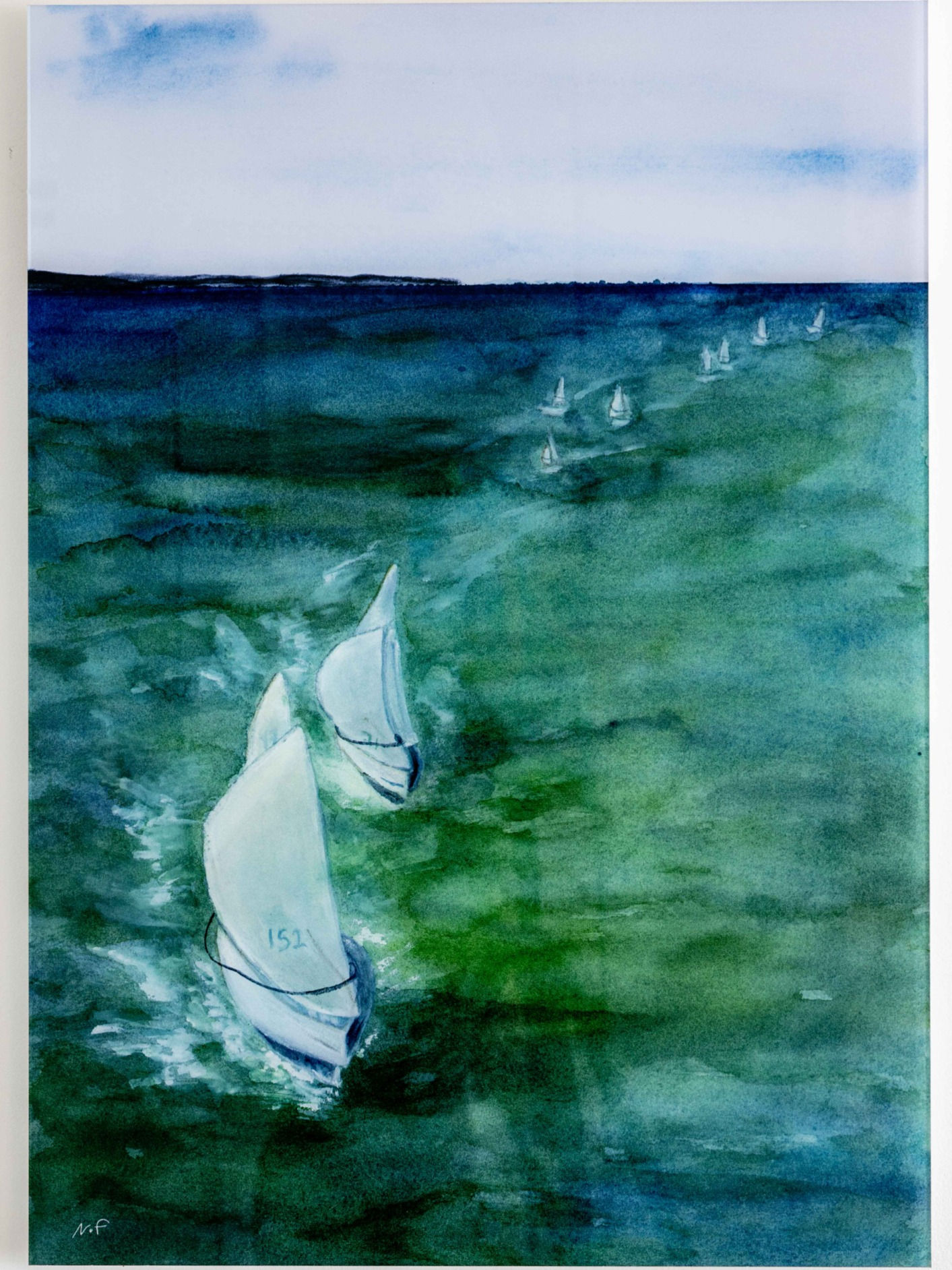 Convoy of white sail boats in blue and green sea