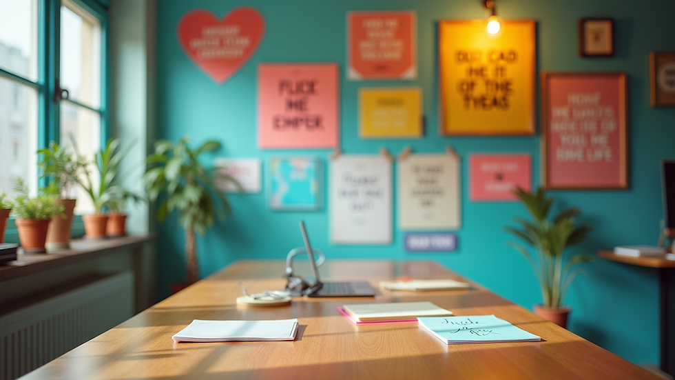 Close-up view of a vibrant workspace with motivational quotes