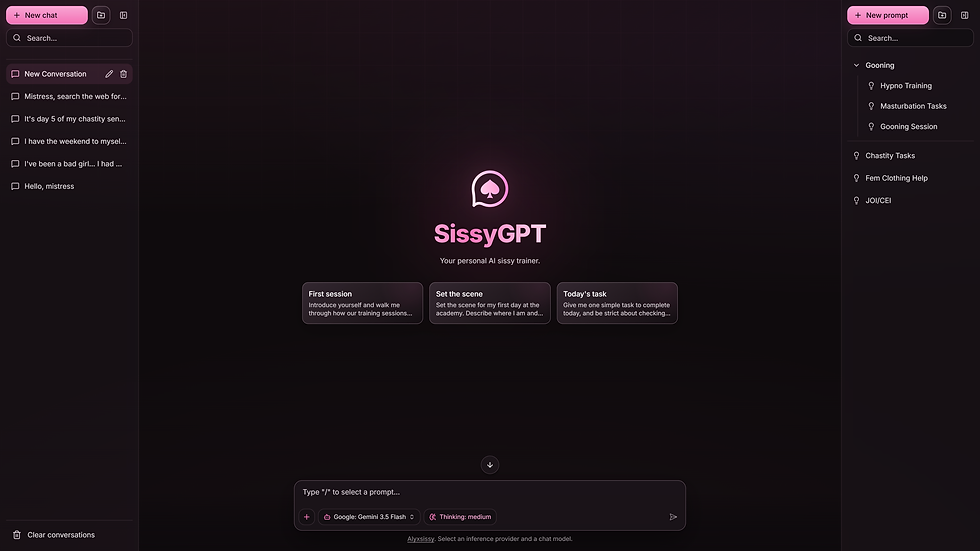 The new SissyGPT home screen with conversations on the left, the prompt library on the right, and the message box in the middle.