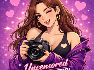 Stylized illustration of a flirty woman winking while holding a DSLR camera, wearing a purple jacket over a black heart-cutout top, set against a pink and purple sparkly background with hearts, with bold text reading “Uncensored Image Gen Tool.”