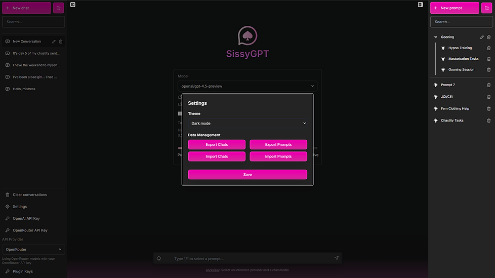 SissyGPT desktop, displaying Settings menu