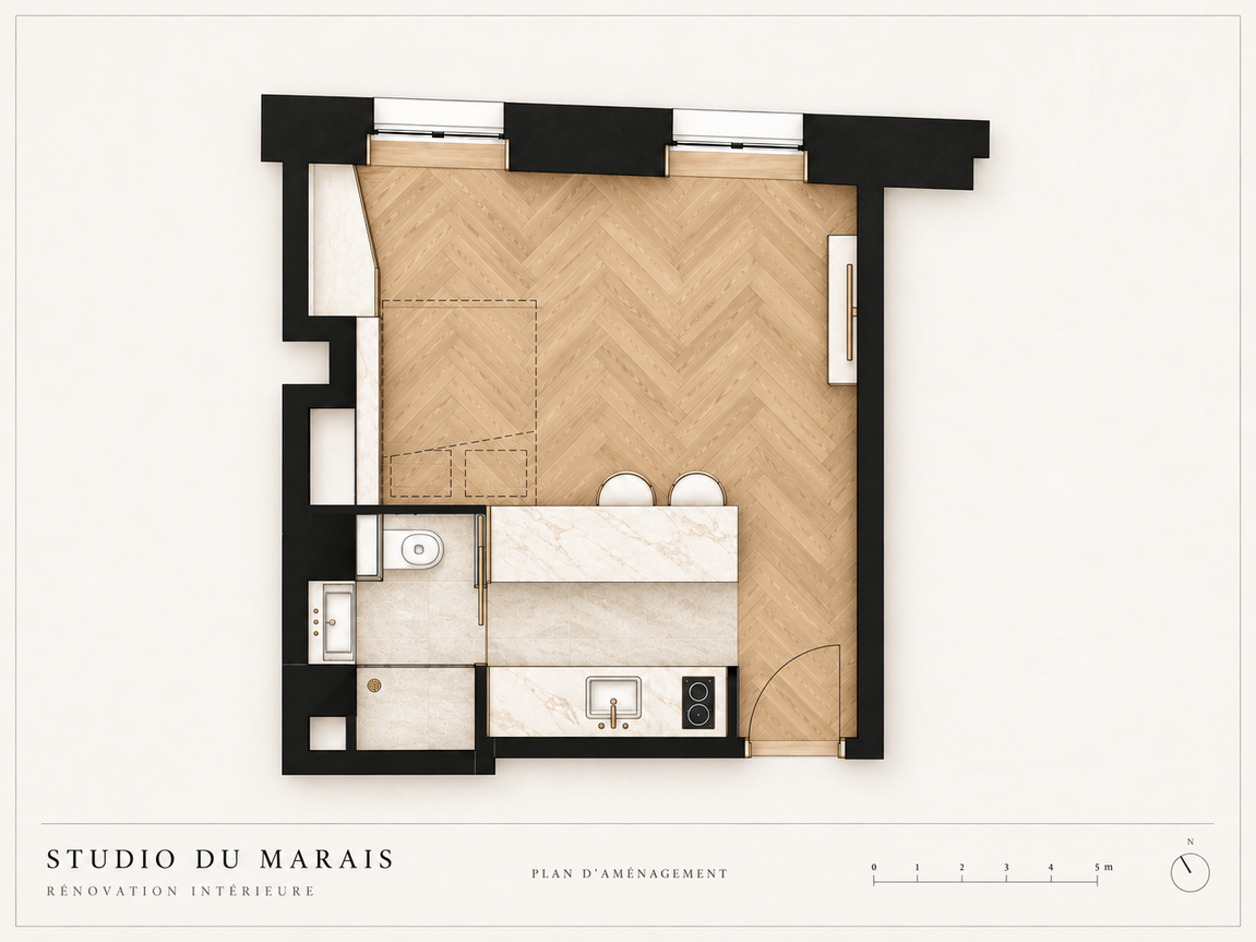 Plan rénovation complète du Studio Marais à Paris.