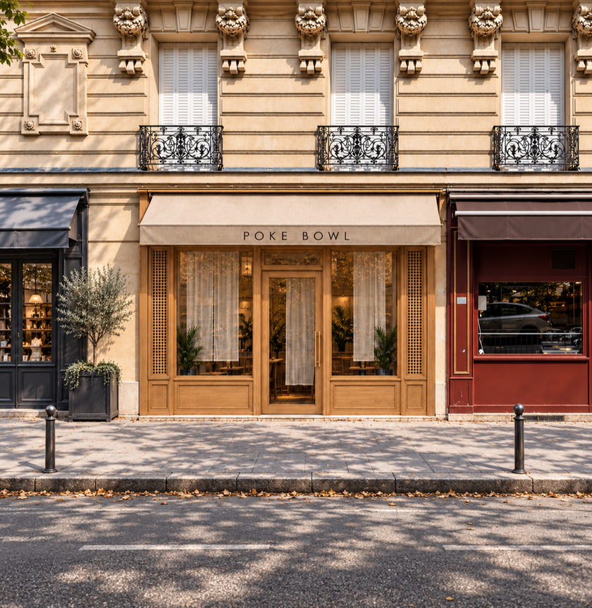 Façade en chêne naturel du restaurant poke bowl à Paris par AAD Architecture
