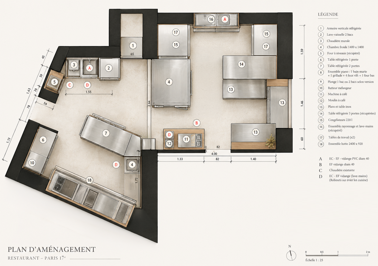 Plan d’aménagement du restaurant Caves Petrissans à Paris par AAD Architecture