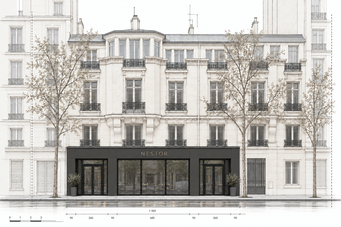 Élévation architecturale de la façade du restaurant Nestor avenue du Maine à Paris 15e
