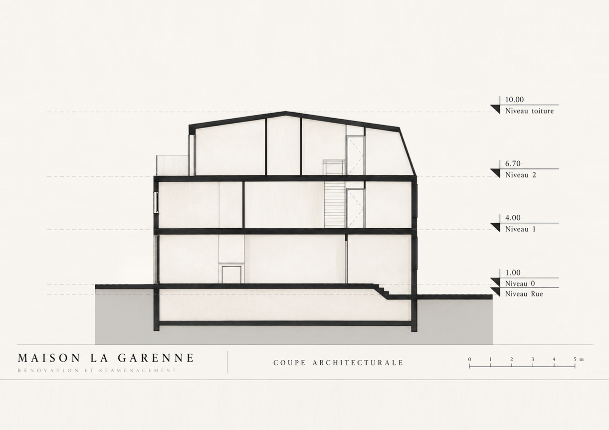 Coupe architecturale d'une maison en rénovation à La Garenne-Colombes, Hauts-de-Seine