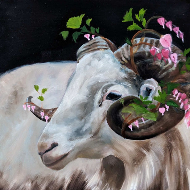 Oil portrait of ram's head with horns, wrapped with bleeding heart flowers over black background.