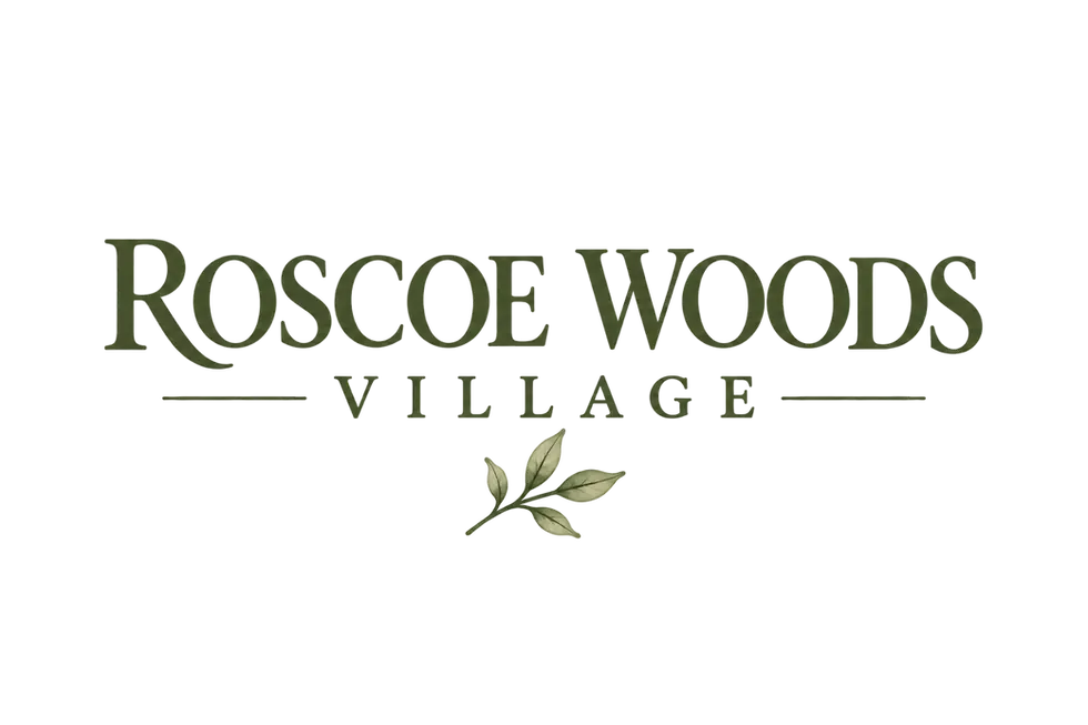 Digital graphic logo featuring the text "ROSCOE WOOD VILLAGE" in an olive-green serif font on a black background. An illustration of a single small leaf is centered below the text.
