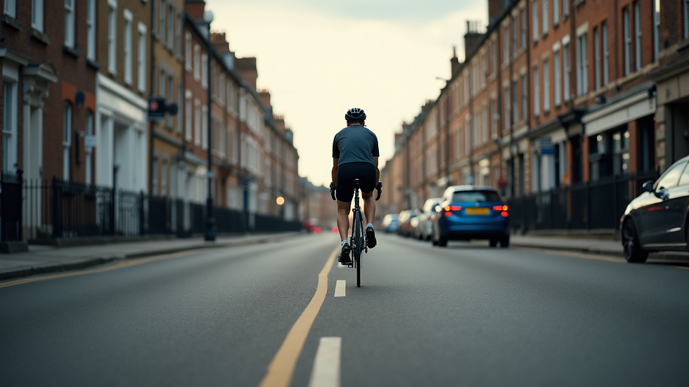 Eye-level view of a cyclist riding on a quiet UK street
