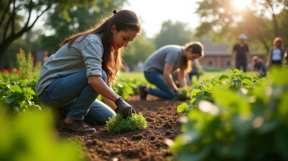 Wide angle view of a community garden with people planting vegetables