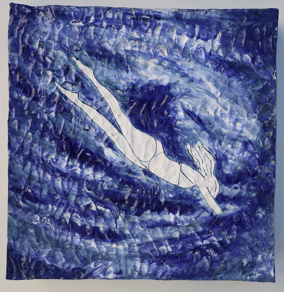 Into the Blue ( Wall hanging) 13.5 x 14 x 2 inches Stain and glaze on stoneware 2024