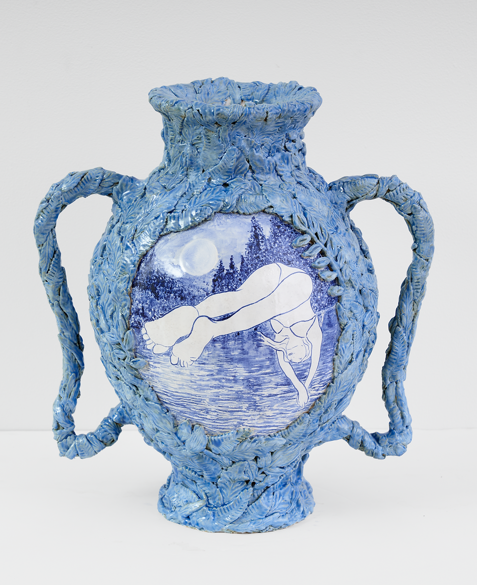 Swimming in the River on a Full Moon 15.5 x 14.5 (handles side) x 10 inches stain and glaze on stone