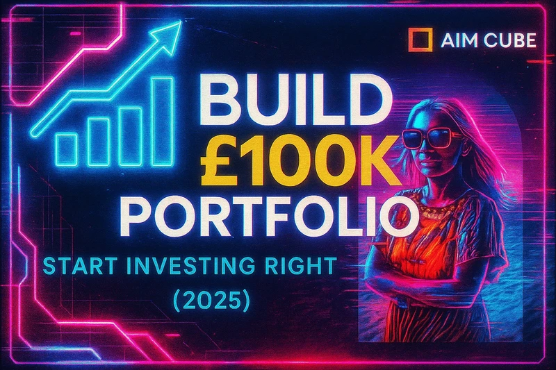 Build £100k portfolio, start investing right in 2025, AIM Cube with neon graphics.