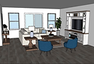 Modern living room 3D design: sectional sofa, armchairs, and entertainment center