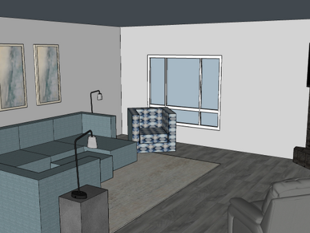 Modern living room design: sectional sofa, armchair, fireplace