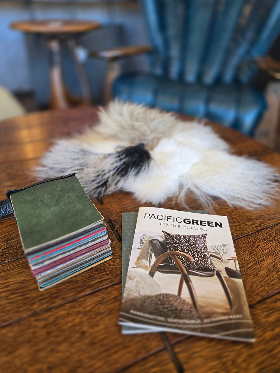 Fabric swatches, sheepskin, Pacific Green catalog