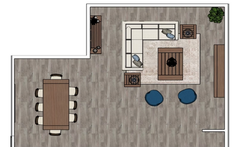 Room layout design: dining table and living room furniture arrangement
