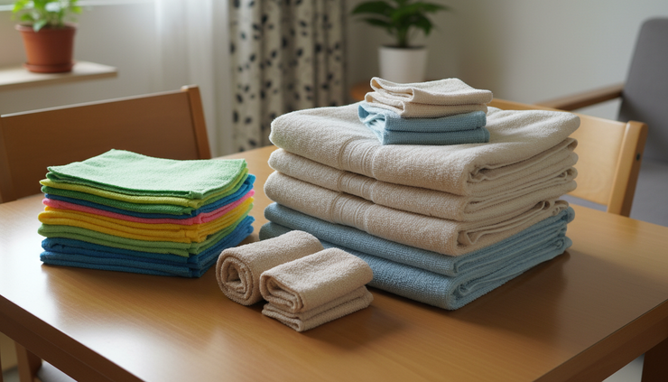 Overhead view of folded laundry and cleaning cloths on a small dining table in a Singapore flat